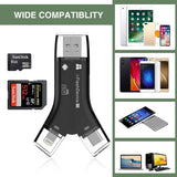 Card Reader with Type-C, Lightning, Micro, USB 2.0 Ends for iPhone/iPad/Android